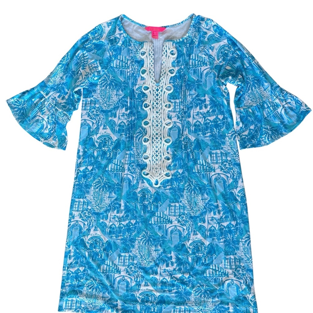 Lilly Pulitzer Blue and White Floral Dress with Lace Detail